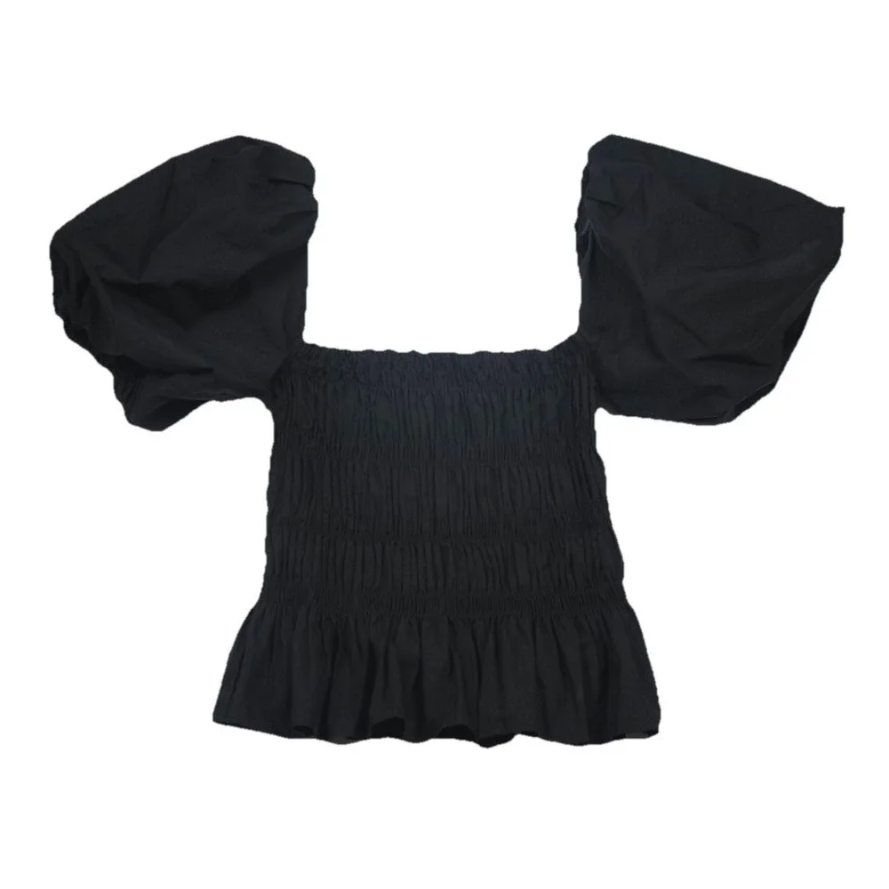 ASTR The Label Savina Top Black Smocked Puff Sleeve Square Neck Women's Small